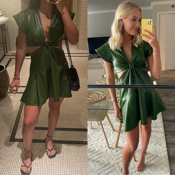 A.L.C. Lexi Faux Leather Cut Out Mini Flounce Hem Dress Size 6 Forest Green - Picture 4 of 13